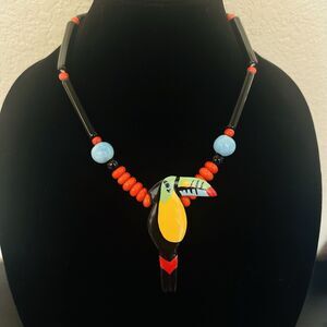 Vtg Ruby Z Candace Loheed Hand Painted Ceramic Toucan pendant necklace Signed